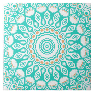 Turquoise and Beige Ocean Mandala Pattern Ceramic Tile