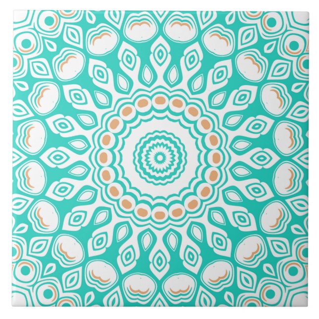 Turquoise and Beige Ocean Mandala Pattern Ceramic Tile (Front)