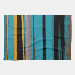 Turquoise And Black - Abstract Art Stripes Tea Towel