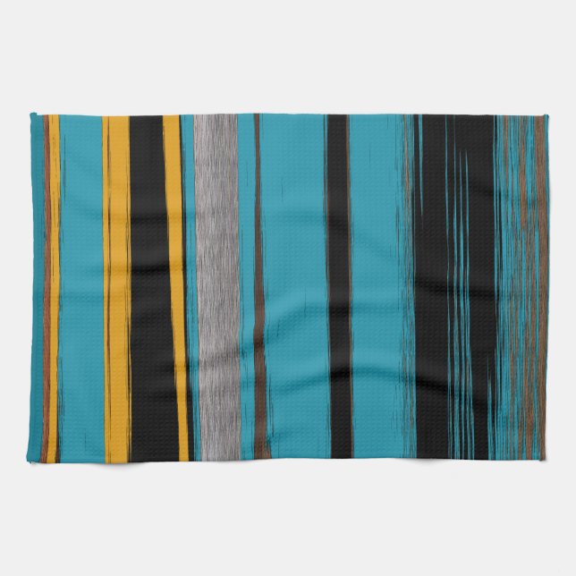 Turquoise And Black - Abstract Art Stripes Tea Towel (Horizontal)