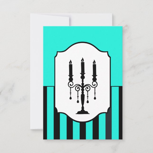 Turquoise and black candelabra striped RSVP card (Front)
