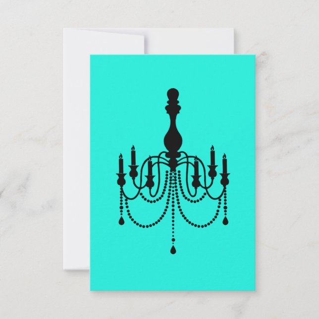 Turquoise and black chandelier RSVP card (Front)