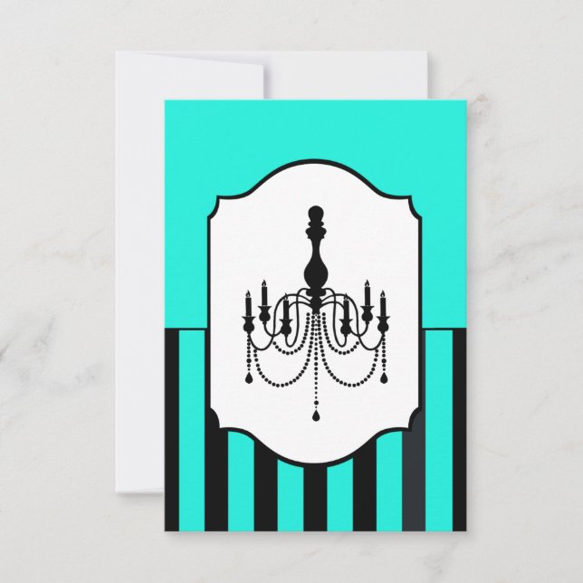 Turquoise and black chandelier striped RSVP card (Front)