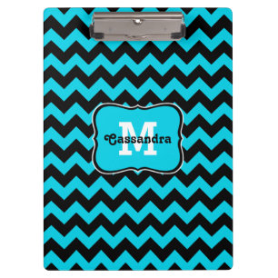 Turquoise and black chevron pattern monogram clipboard