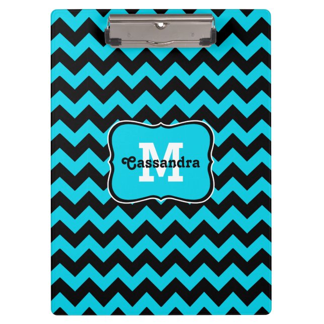Turquoise and black chevron pattern monogram clipboard (Front)