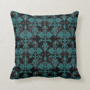 Turquoise and Black Damask Cushion