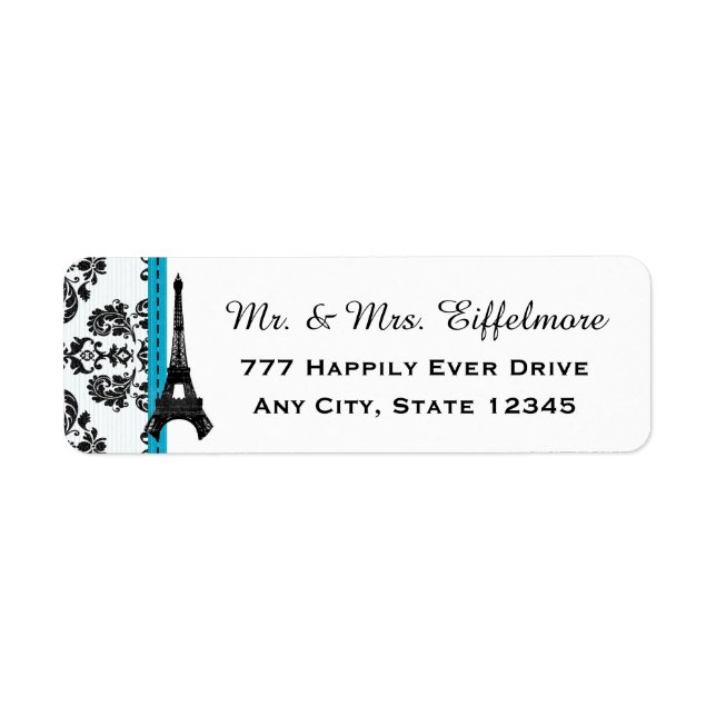 Turquoise and Black Damask Eiffel Tower Return Address Label (Front)