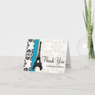 TURQUOISE AND BLACK DAMASK EIFFEL TOWER THANK YOU CARD