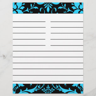 Turquoise and Black Damask Matching Recipe Paper