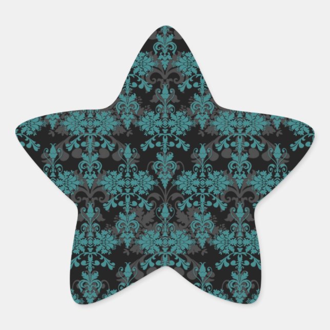 Turquoise and Black Damask Star Sticker (Front)