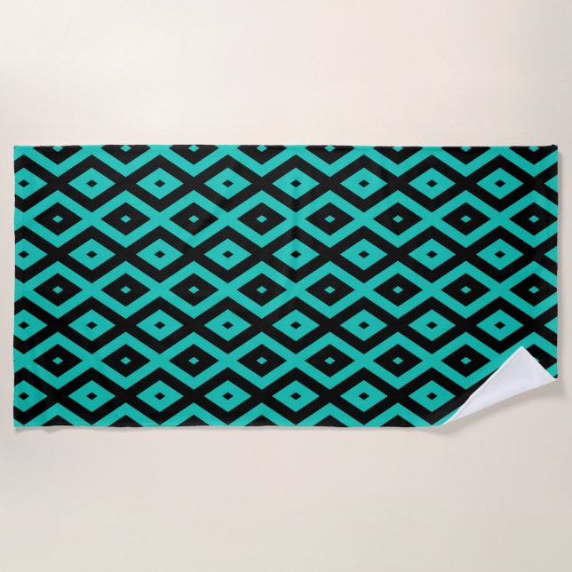 Turquoise and black diamond pattern beach towel (Front)