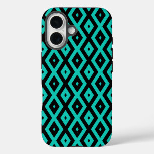Turquoise and black diamond pattern iPhone 16 case