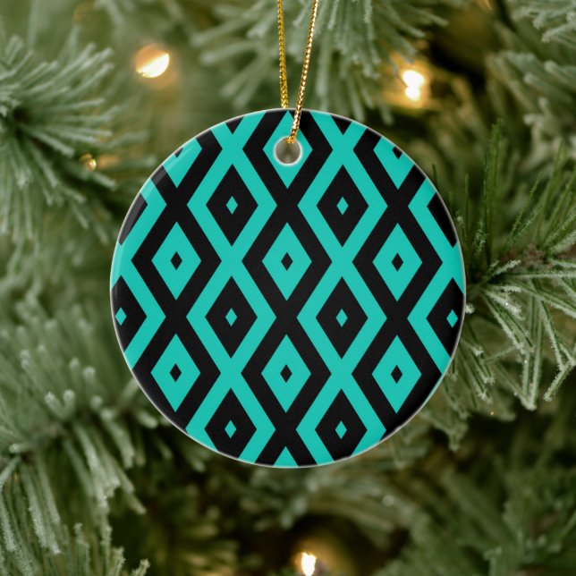 Turquoise and black diamond pattern ceramic ornament (Tree)