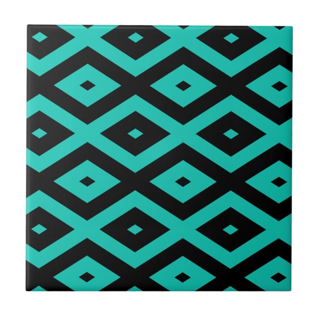 Turquoise and black diamond pattern ceramic tile (Front)