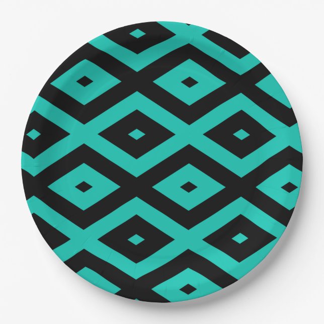Turquoise and black diamond pattern paper plate (Front)