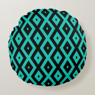 Turquoise and black diamond pattern round cushion