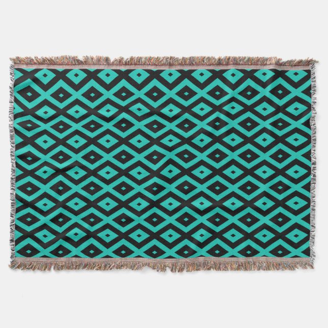 Turquoise and black diamond pattern throw blanket (Front)