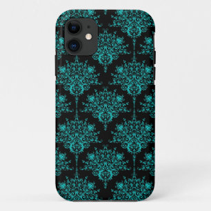 Turquoise and Black Elegant Damask Pattern iPhone 11 Case