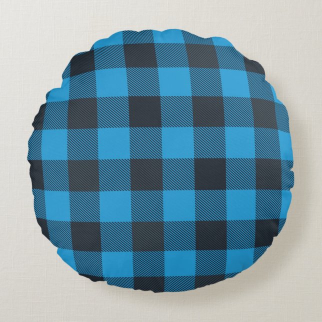 Turquoise And Black Plaid Round Cushion (Front)