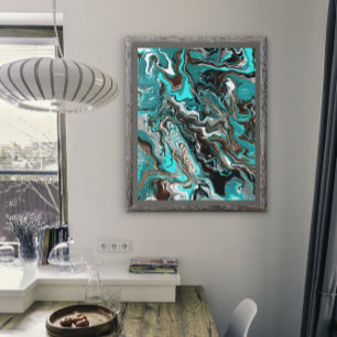 Turquoise and Black Satin Fluid Art Photo Print