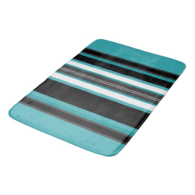 Turquoise and Black Stripes  Bath Mat (Angled)