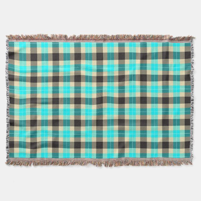 Turquoise and Black Tartan Plaid Throw Blanket (Front)