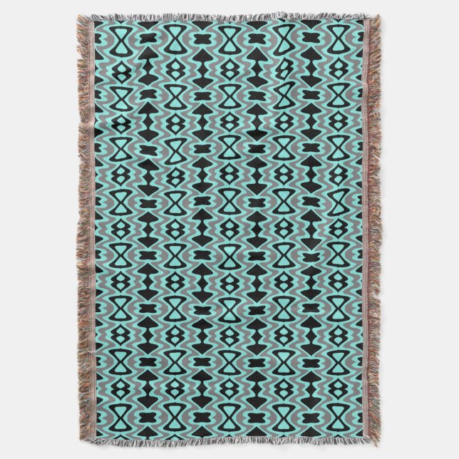 Turquoise and Black Unique Pattern Throw Blanket (Front Vertical)