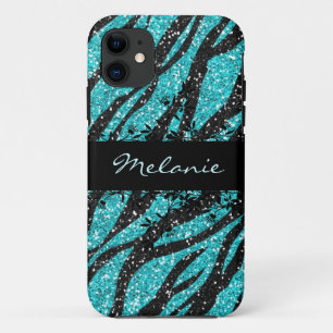 Turquoise and Black Zebra Print Glitter iPhone 5 iPhone 11 Case