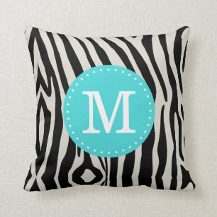Turquoise and Black Zebra Stripe Custom Monogram Cushion