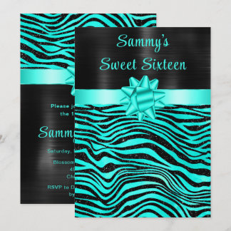 Turquoise and Black Zebra Stripes Sweet Sixteen Invitation