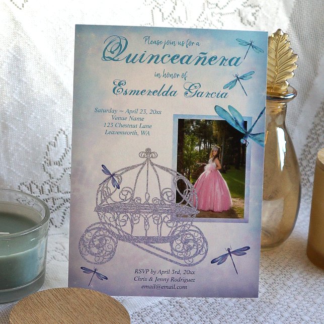 Turquoise and Blue Carriage Quinceañera Invitation (dusty light blue and turquoise quinceanera invitations with diamond princess horse carriage)