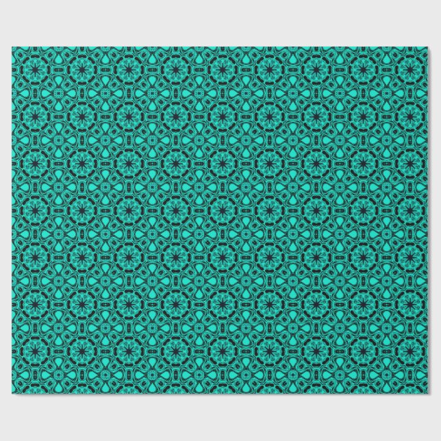 Turquoise and blue Kaleidoscope Fractal Pattern Wrapping Paper (Flat)