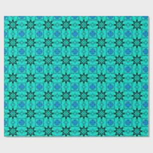 Turquoise and blue Kaleidoscope Fractal Pattern Wrapping Paper
