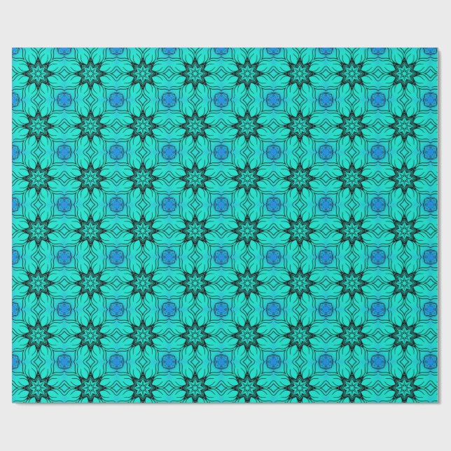 Turquoise and blue Kaleidoscope Fractal Pattern Wrapping Paper (Flat)