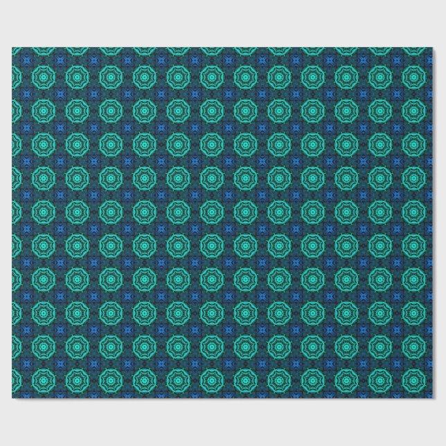 Turquoise and blue Kaleidoscope Fractal Pattern Wrapping Paper (Flat)