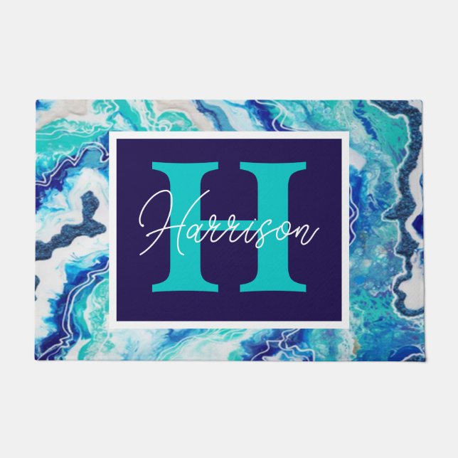 Turquoise and Blue Marble Monogram Name Beachy   Doormat (Front)
