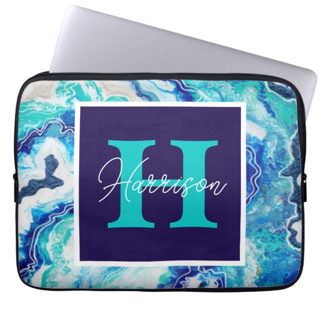 Turquoise and Blue Marble Monogram Name Beachy Laptop Sleeve (Front)
