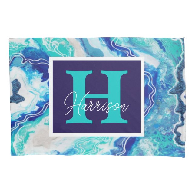 Turquoise and Blue Marble Monogram Name Beachy  Pillowcase (Front)
