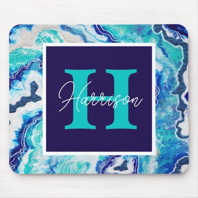 Turquoise and Blue Marble Monogram Name   Mouse Pad (Front)