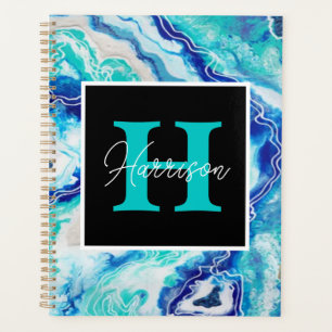 Turquoise and Blue Marble Monogram Name Planner
