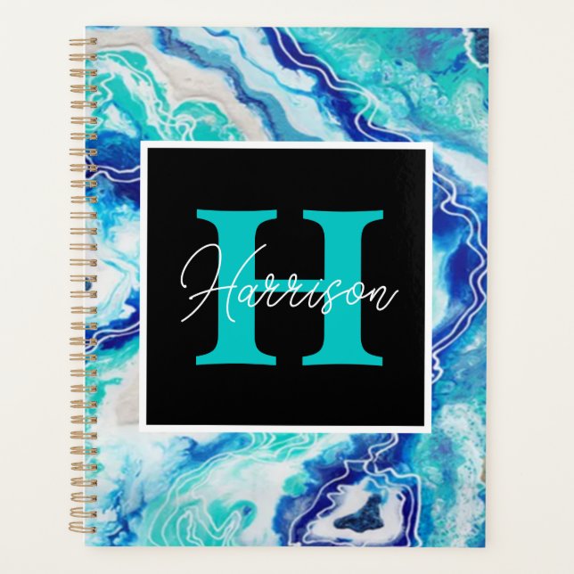 Turquoise and Blue Marble Monogram Name  Planner (Front)