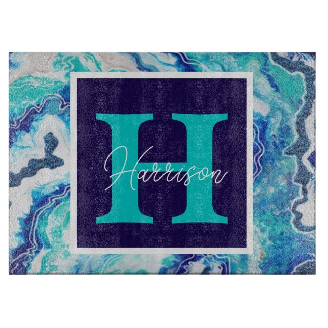 Turquoise and Blue Marble Personalised  Cutting Board (Front)