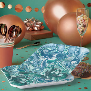 Turquoise and Blue Ocean Waves and Bubbles Paper Plate