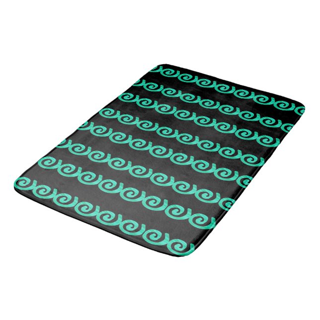 Turquoise and blue spirals pattern on black bath mat (Angled)