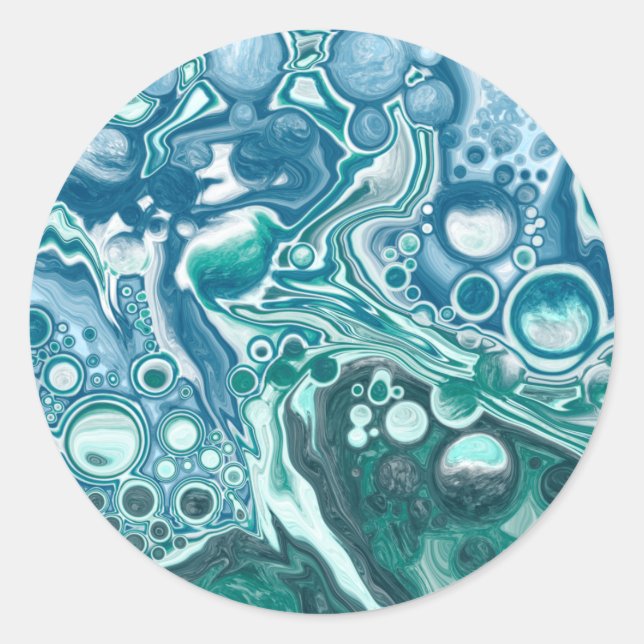 Turquoise and Blue Swirls and Bubbles Classic Round Sticker (Front)