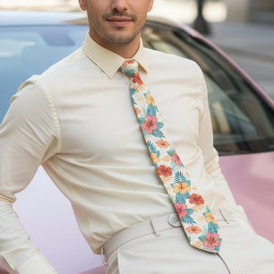 Turquoise and blush pink Hibiscus Hawaiian Tie