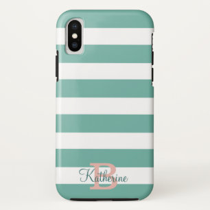 turquoise and blush preppy stripes monogram iPhone x case