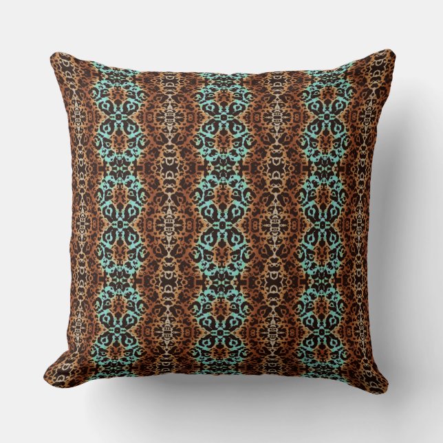 Turquoise and Brown Animal Print Damask Modern Cushion (Front)
