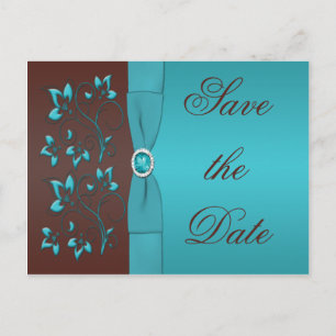 Turquoise and Brown Floral Save the Date Postcard