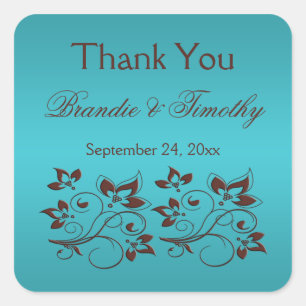 Turquoise and Brown Square Thank You Sticker